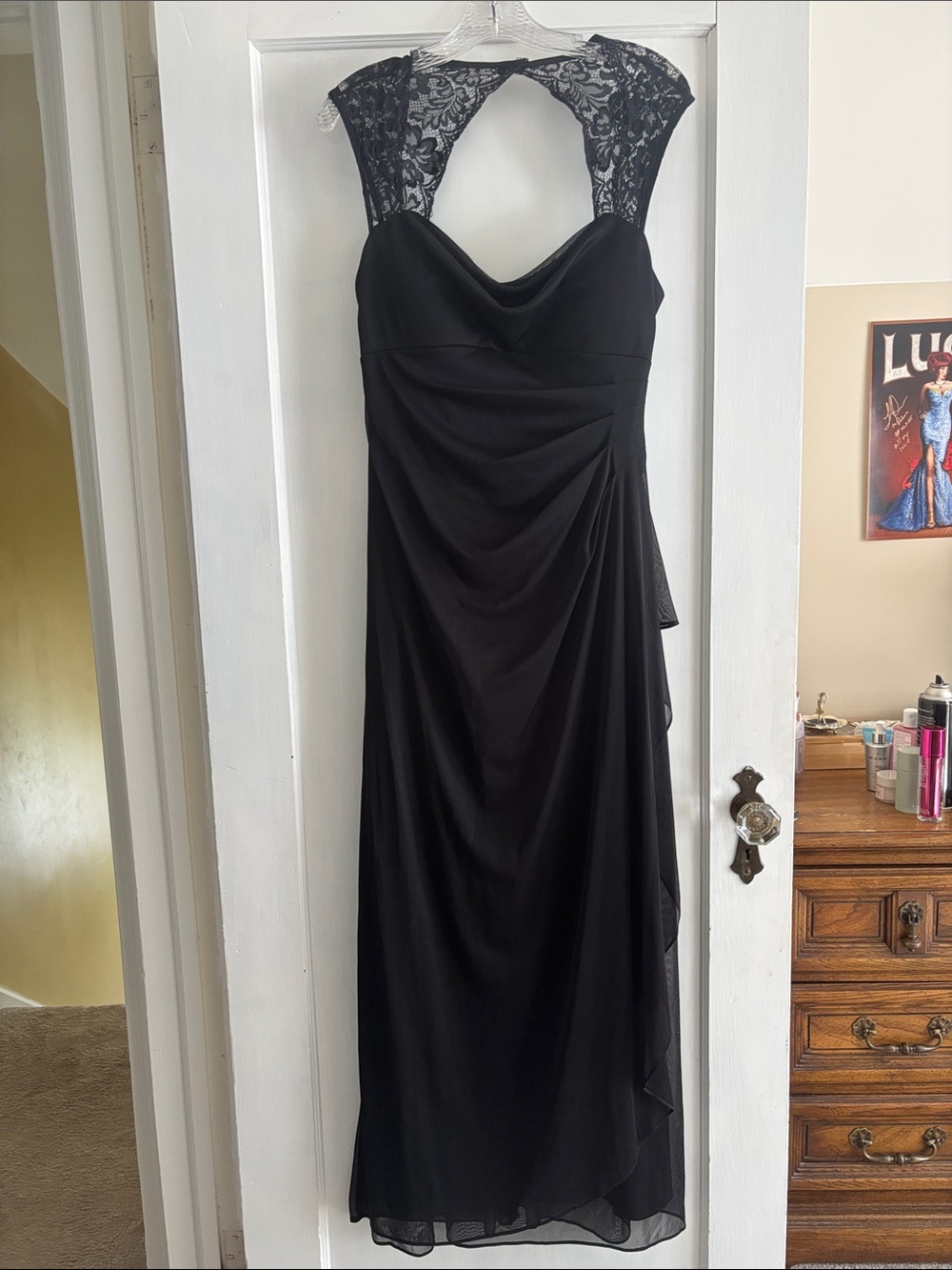 Scarlett Black Lace-Cap Sleeve Draped Evening Gown